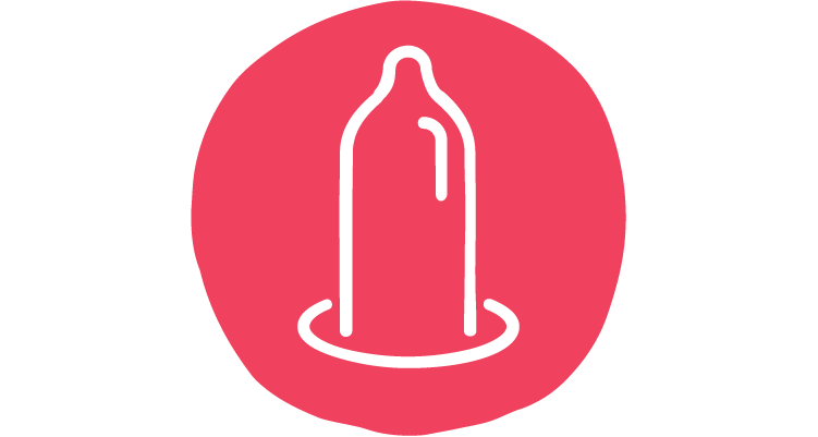 An outline of a condom against a reddish-[ink background.