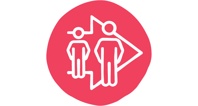 A small person standing next to a larger person (representing a child and an adult), with an arrow behind them pointing towards the adult, against a reddish pink circle background.