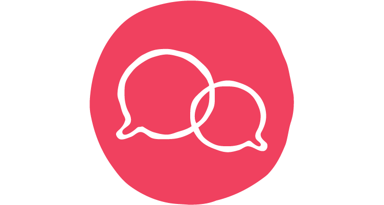 Two speech bubbles overlapping against a reddish pink circle.